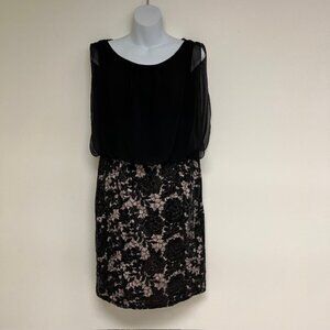 Calvin Klein Black & Nude Sequin Blouson Floral Lace Dress Size 8